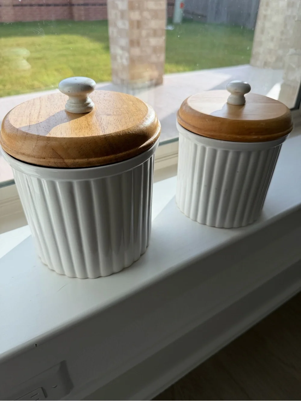 Vintage White Ceramic Canisters with Wood Lid - Home Kitchen Storage